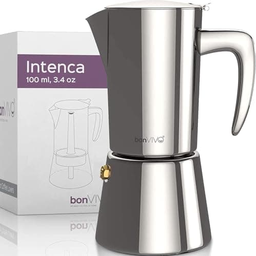 Image of bonVIVO Moka Pot - 2 Cup Intenca Stainless Steel Espresso Maker w/Silver Finish - Stove Top Italian Coffee Maker - 100ml Cup Coffee Pot - Gifts for Men and Women