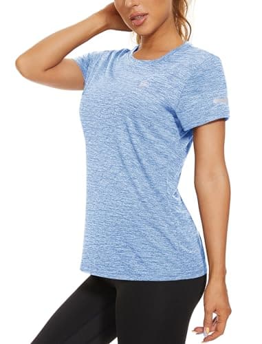 Image of KEFITEVD Women's T-Shirts Gym Running Yoga Sports Shirts Short Sleeve Athletic Exercise Quick Dry Breathable T Shirt Light Blue S