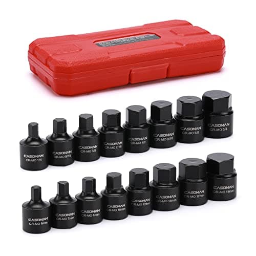 Image of CASOMAN 16 Piece 3/8 Inch Drive Low Profile Impact Hex Driver Set, Cr-Mo, 1/4"-3/4", 6mm-19mm, Impact SAE and Metric Hex Bit Socket Set