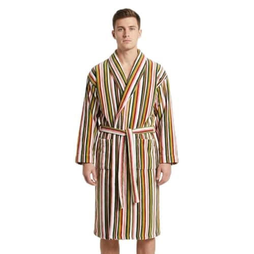 Image of Stars and Stripes Luxury Multi Colour Pin Stripe 100% Cotton Velour Bathrobe British Designed Jacquard Yarn Dyed(Multicolor,L/XL)