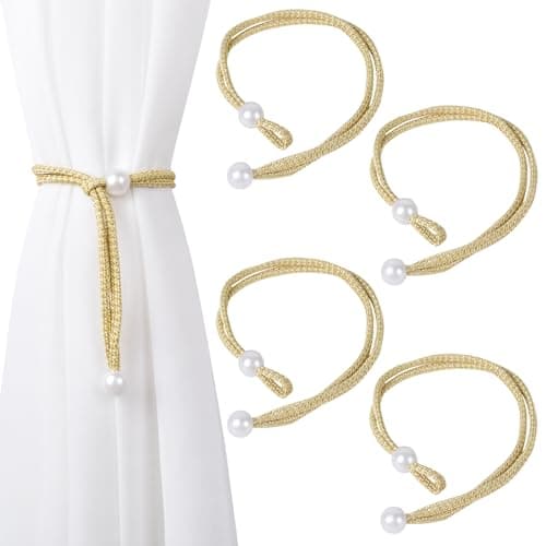 Image of Dalababa 2 Pair Curtain Tie Backs Rope, Polyester Hand-Woven Drapery Holdbacks, Pearl Curtain Tiebacks Straps Buckles for Home Decor (Gold)