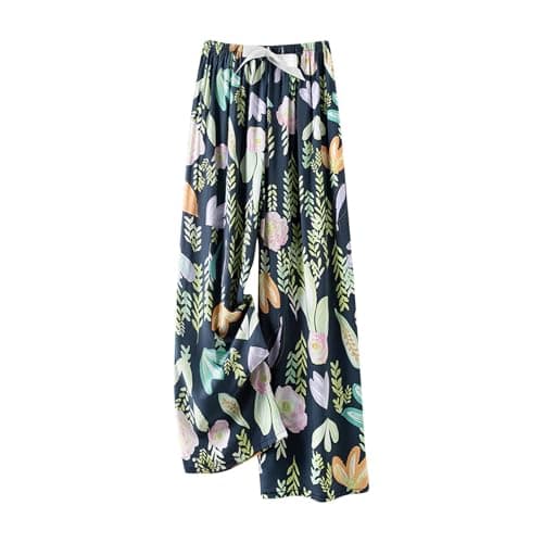 Image of TURWXGSO Wide Leg Printed Trousers for Women UK Clearance Womens Casual Summer Elasticated Waist Lounge Plazzo Pants Loose Fit Baggy Bottoms Boho Floral Print Cotton Loose Trousers