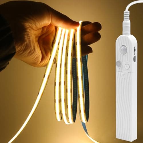 Image of GQL Motion Sensor COB LED Strip Lights - PIR 5V Battery or USB Powered, Self-Adhesive for Closet Wardrobes Cabinets Stairs (Warm White, 5m)