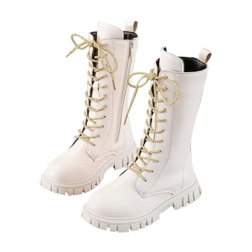 Image of White Boots Kids,White Combat Boots for Girls Lace Up Riding Mid Calf PU Leather Waterproof Shoes Footwear UK Winter Goth Boot Cowgirl Fleece Lined