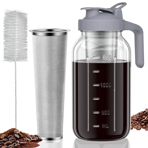 Image of Cold Brew Coffee Maker Jar - 64oz Thick Glass Multipurpose Mason Pitcher Spout Lid with Handle & Stainless Steel Filter for Iced Brew Coffee, Lemonade, Ice Tea, Homemade Fruit Drinks Container