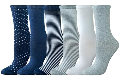 Image of Amazon Essentials Women's Crew Socks, Cotton, 6 Pairs, Dots/Multicolour/Solid Colors/Stripes, 3-7