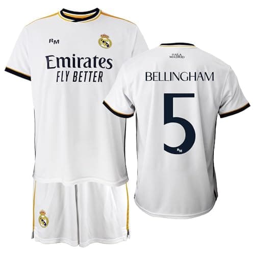 Image of Real Madrid Boys Home Kit Set 2023-2024 - BELLINGHAM 5 - Official Licensed Replica - Child, white, 4 Years