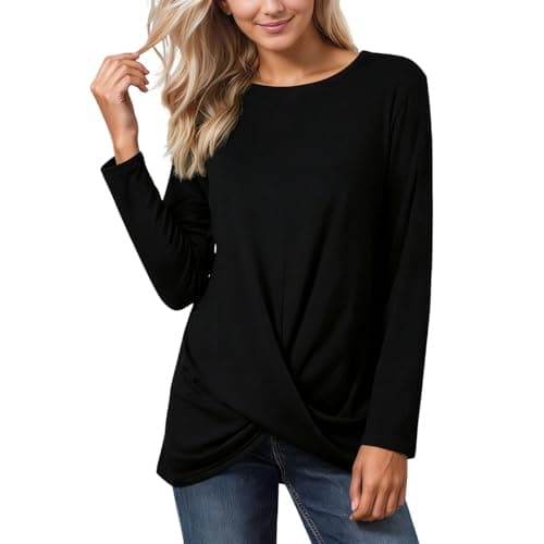 Image of Women's T-Shirts Knot Detail Long Sleeve Relaxed Fit Crewneck Casual Top with Everyday Wear Stylish Basic Comfortable Soft Versatile Modern Classic Elegant Daily Travel Black