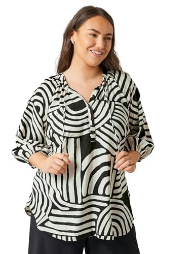 Image of EVANS Curve & White Abstract Print Tie Neck Blouse - Women's - Plus Size Curve