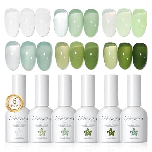 Image of PEACECOLOR Gel Nail Polish Set, 6 Colours Spring Summer Green Jelly Gel Nail Polish Set, 10ML Soak Off U V Gel Nail Art Set DIY Manicure Salon and Home St Patricks Gift