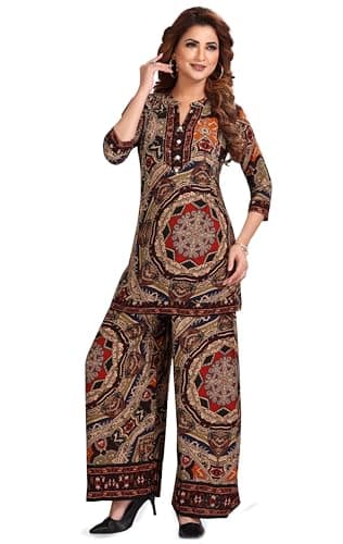 Image of Ladyline Women’s Printed Rayon Kurti Palazzo Co-ord Set | 2-Piece Tunic Top with Hand work & Sequins + Extra Wide Palazzo Pants | Ethnic Indian Wear for Party wear (RPEKP TWMER) (40/ Multicolour)