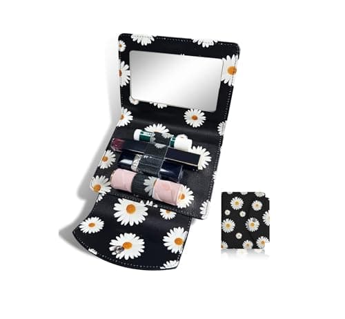 Image of bolimoss Daisy Lipstick Case Holder with Mirror, Holds 4pcs of Long Lipsticks with Clip, PU Leather Makeup Travel Organizer Bag for Outside, Mini Bag Pouch Gift for Women(Black)