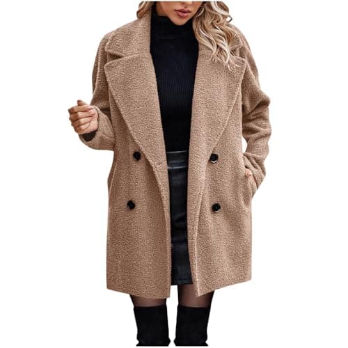 Image of Trench Coats for Women Long Teddy Bear Coats Windbreaker Lapel Collar Double Breasted Pea Coat with Pockets Solid Color Overcoat Winter Warm Longline Fleece Jackets Size 8-16