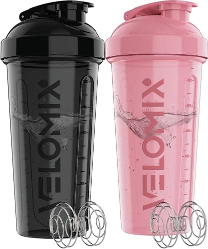 Image of VELOMIX -2 PACK- 828ml Protein Shaker Bottle -2x Wire Mixball | Leak Proof Shaker For Protein Shakes | Large, Stackable Protein Shake Bottle | Dishwasher Safe Gym Bottle (Pink&Black)