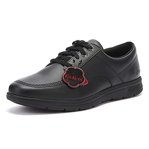 Image of Kickers Unisex Kelland Lace Lo Leather Black Leather School Shoes, Black, 3 UK