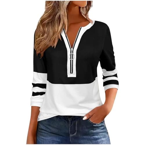 Image of KUIH Half Zip Sweatshirt Women Long Sleeve Top Pullover Lightweight Casual Dressy Tunic Tops 1/2 Zip Striped Jumper Cotton T Shirts Sweater Blouse Spring Autumn Top for Work Office Going Out Black