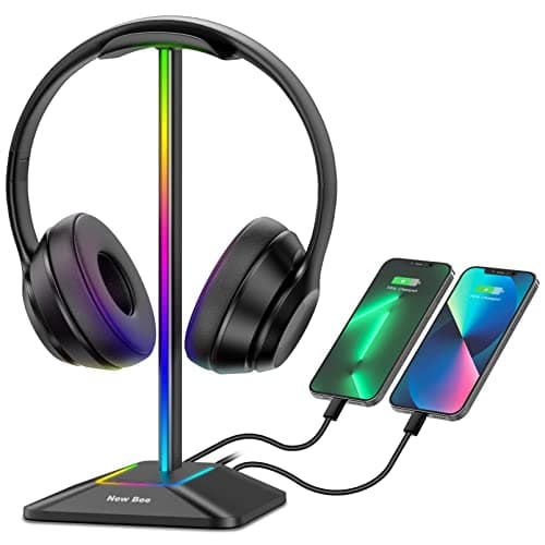 Image of New Bee Headphone Stand RGB Headset Holder with 1 USB-C Charging Port and 1 USB Charging Port, Headset Stand Gaming with 7 Light Modes Suitable for All Earphone Accessories (black-1)