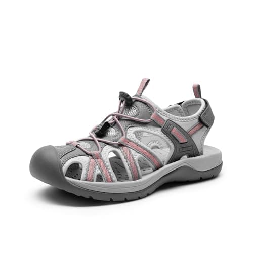 Image of DREAM PAIRS Women's Hiking Sandals Adventurous Summer Sports Shoes Outdoor, Ladies' Slip-Resistant Comfort Walking Shoes,Size 6.5,Grey/Coral,DWUMST2502