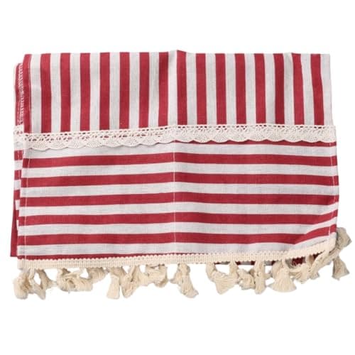 Image of GORGECRAFT 100×35CM Microwave Oven Top Dust Cover Cotton Linen Oil Proof Machine Protector Decorative Kitchen Appliance Cover with Storage Pockets for Decor Appliance Dust Control (Red Stripe)
