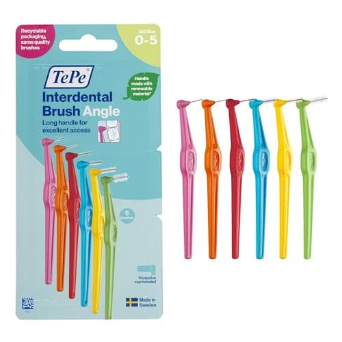 Image of TePe Interdental Brush Angle, Mixed Pack, 0.4-0.8mm/ISO 0-5, 6pcs, Interspace Cleaning, Plaque Remover for Teeth with Narrow to Small Gaps, Carton Pack