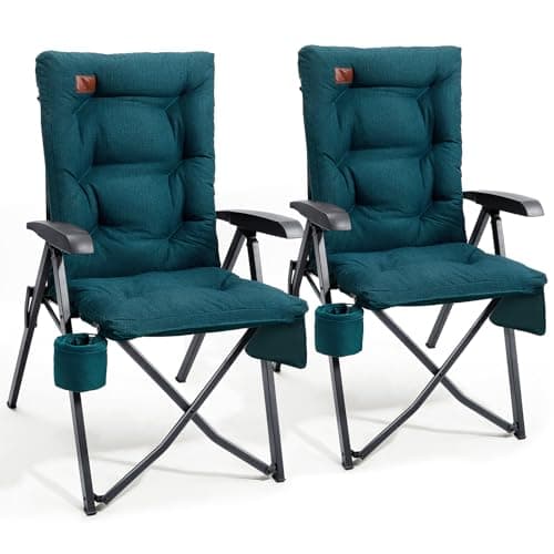 Image of EVER ADVANCED Luxury Camping Chairs 2 Set for Adults Heavy Duty High Back Oversized Folding Garden Chair Comfy Padded 6cm Loadable 150kg Cam Adjustable Dining Chairs 4-Position Recliner Green