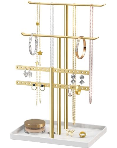 Image of Jewelry Stand Organizer, 32cm Tall Sturdy Metal, 3-Tier Jewelry Holder for Necklace, Earring, Bracelet, Ring, Hanger for Display and Storage, Aesthetic Room Decor, Gold Jewlery Stand with White Tray