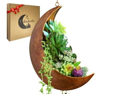 Image of Oakadoaks Hanging Moon Planter for Moon Room Decor Great for Succulents,Air Plant,Mini Cactus,Faux,Artificial Plants-12” Boho Rustic Metal Planters,Gifts for Women,Birthdays,Nursery
