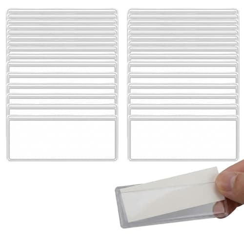 Image of YANAJIAJIA 30 Pcs Clear Label Holders, 7.5x3.2cm Self-Adhesive Labels for Storage Boxes, Plastic Shelf Label Pockets for Organisation, Bin Labels with Top-Loading Design for Home, Office and School