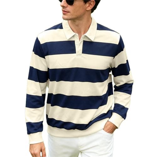 Image of Striped Rugby Shirt Men's Classic Shirt Vintage Long Sleeve Striped Polo Shirt Lapel Polo Shirt Oversized Long Sleeve T-Shirt Regular Fit Sweatshirt Colour Block Pullover, navy, XL