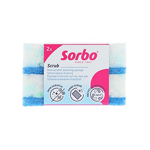 Image of Sorbo Recycled Scouring Sponges, Made from 100% Recycled PU Foam and 100% Recycled PET Bottles, Non-Scratch, Sustainable Cleaning, Everyday Essential, White/Blue (Pack of 2)