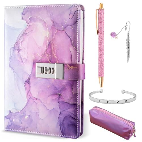 Image of Tearmier Diary with Lock for Girls, A5 Secret Diary for Girls Teenager Age 6-14, Birthday Gifts for Girls 7 8 9 10 11 12 13 Year Old, Leather Password Locked Journals with Pen Pencil Case (Purple)