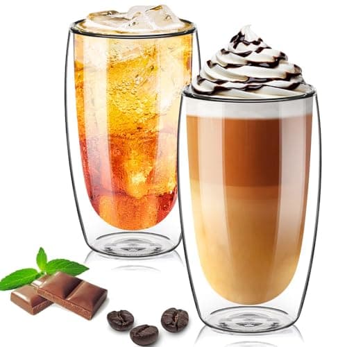 Image of TKNO 2 Pack 450ml Double Walled Tall Coffee Glasses Mugs Cups, for Coffee Tea Milk Juice Ice Cream Dessert, Borosilicate Heat Resistant Large Glass Cups, Microwave Safe, Ideal for Hot and Cold Drinks