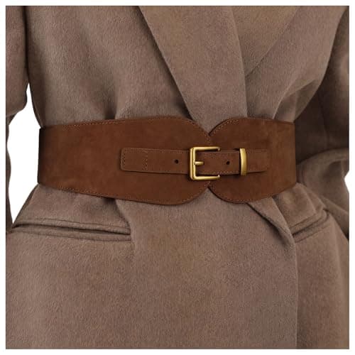 Image of JASGOOD Women's Wide Elastic Belt Suede Stretchy Belt for Dress Suits with Vintage Gold Buckle, Dark Brown