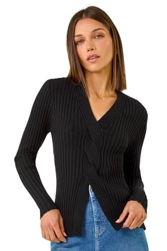 Image of Roman Originals Cable Split Detail Rib Jumper for Women UK - Ladies Everyday Autumn Winter V-Neckline Comfy Soft Evening Vacation Work Party Night Out - Black - Size 14