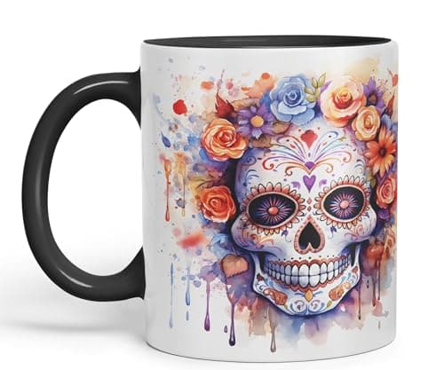 Image of Vixar Sugar Skull and Roses Ceramic Coloured Mug Cup for Tea Coffee Hot Brew 330ml 11Oz Gift sk5 (Black)