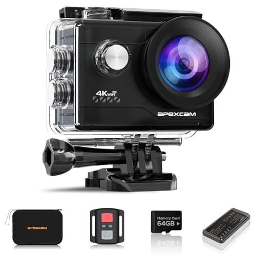 Image of Apexcam Action Camera 4K 60FPS 64MP with 64GB Card WiFi Underwater Camera Waterproof 40M Sports Camera EIS With Ultra HD 2.4G Remote 2 x 1350mAh Batteries and Accessories