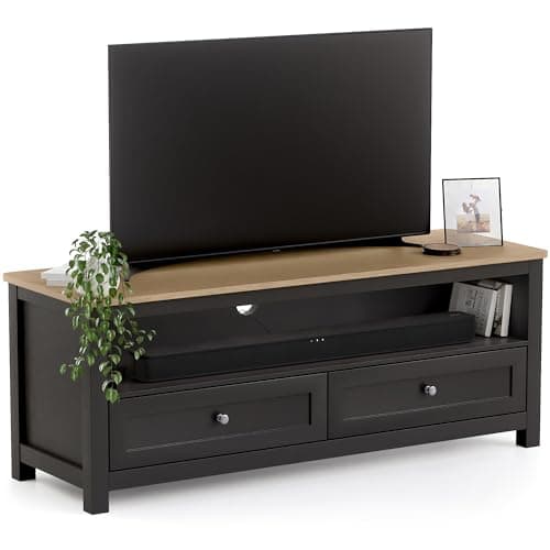 Image of CHRISTOW TV Unit with Storage & Oak-Effect Top, Modern Television Stand with 2 Drawers & Open Shelf, Media Console Cabinet for Living Room, Sturdy MDF, Matte Painted – Charcoal, H45 x W118 x D40cm
