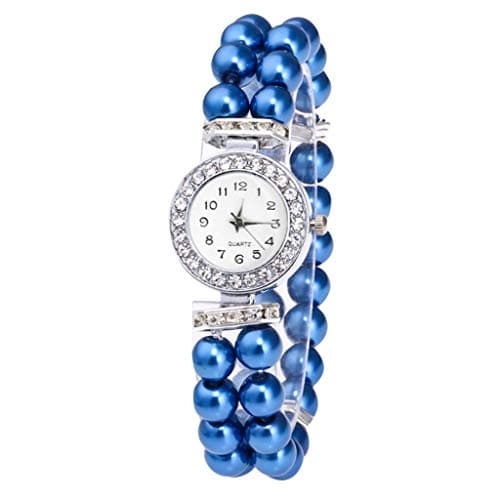 Image of Watch Strap Wrist Quartz String Pearl Watch Fashion Women Casual Women's Watch Talking Watches for The Blind Women (Blue, One Size)