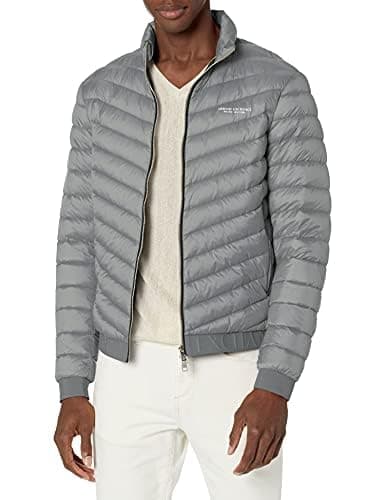 Image of Armani Exchange A|X Men's Quilted Down Milano/New York Logo Zip-up Jacket Down Alternative Coat, Melange Grey/Navy, XXL