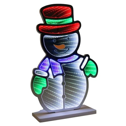 Image of Mr Crimbo LED Infinity Mirror Snowman Christmas Decoration 40cm – Freestanding Festive Decor with Multicolour Static Lights, Optical Illusion, Mains Operated, Indoor Xmas Ornament with Base
