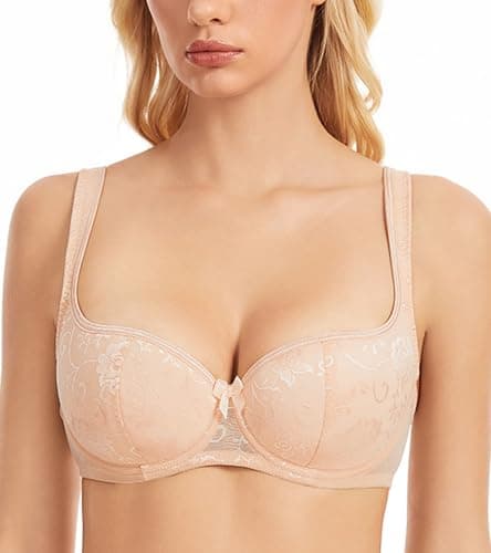 Image of Oscrenia Balconette Bra for Women Underwire Push Up Half Cup Demi Balcony Plunge Bras(Beige Plain,34DD)