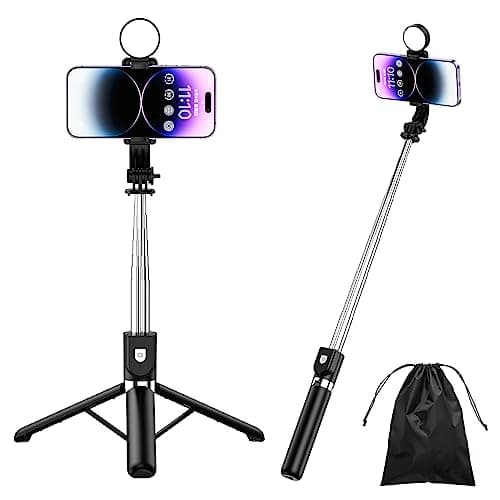 Image of H.May Selfie Stick Tripod, 4 in 1 Stable Tripod Stand with Fill Light, 50" Extendable and Portable Selfie Stick with Detachable Wireless Remote Compatible with iPhone Galaxy GoPro Smartphone, Black