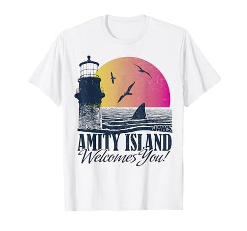 Image of Jaws Amity Island Welcomes You Lighthouse Sunset Portrait T-Shirt