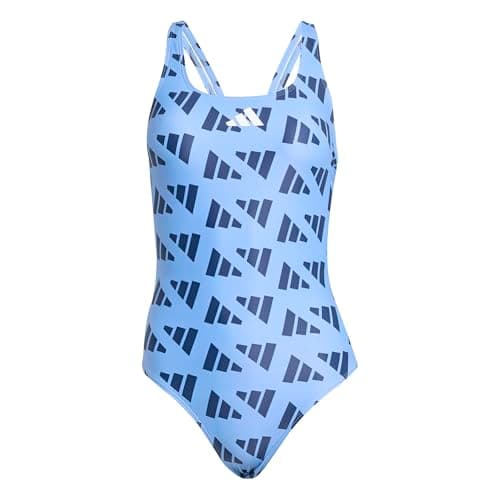 Image of adidas Women's Logo Graphic V-Back Swimsuit, Blue Fusion/Dark Blue, 40