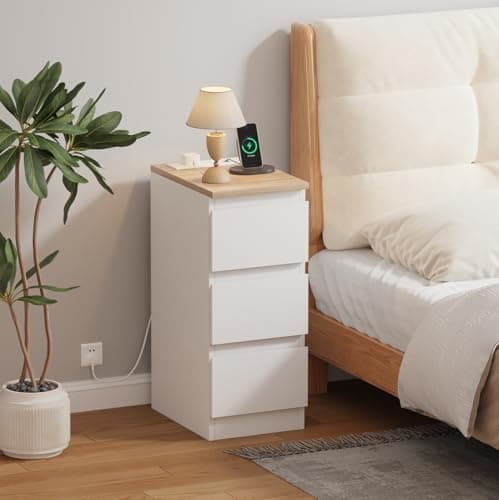 Image of Menaka 25CM Narrow Bedside Table Cabinet with Charging Station, Slim 3 Drawers Sofa Side Table Bed Nightstand with 2 USB Ports & Power Sockets for Bedroom Living Room