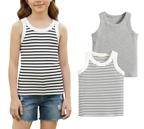 Image of Happy Cherry Girls' Cropped Tank Top Soft Breathable Ribbed Cotton Kids Gym Vest Tops Summer Sleeveless Camisole Undershirt 2 Pack for Children 9-10 Years