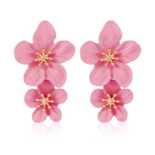Image of Double Flower Earrings - 3D Floral Dangle Boho Chic Wild Flower Statement Jewelry for Women Girls Wedding Party (Pink)