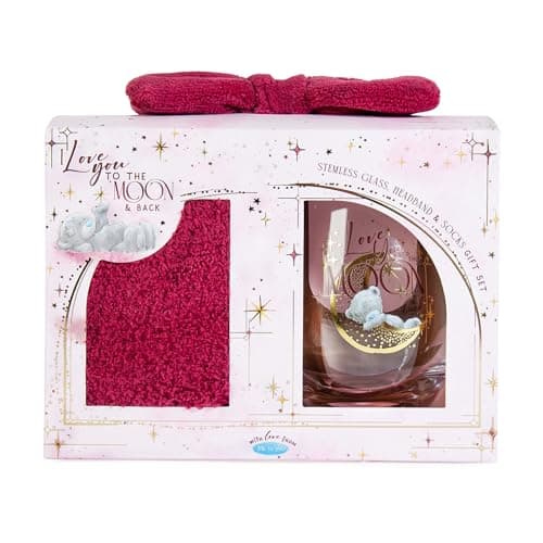 Image of Me to You Tatty Teddy 'I Love You to the Moon and Back' Stemless Glass, Fluffy Bed Socks And Bow Headband Gift Set - Official Collection, Pink