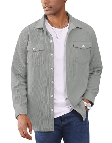 Image of EKLENTSON Corduroy Jacket Men Lumberjack Shirt Long Sleeve Button Down Lightweight Jacket Spring Top Light Grey 2XL