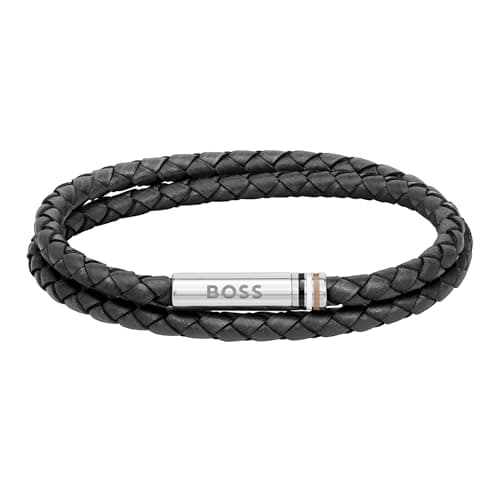 Image of BOSS Jewelry Men's ARES Collection Bracelet with Double-Wrap Braided Black Leather - 1580489M